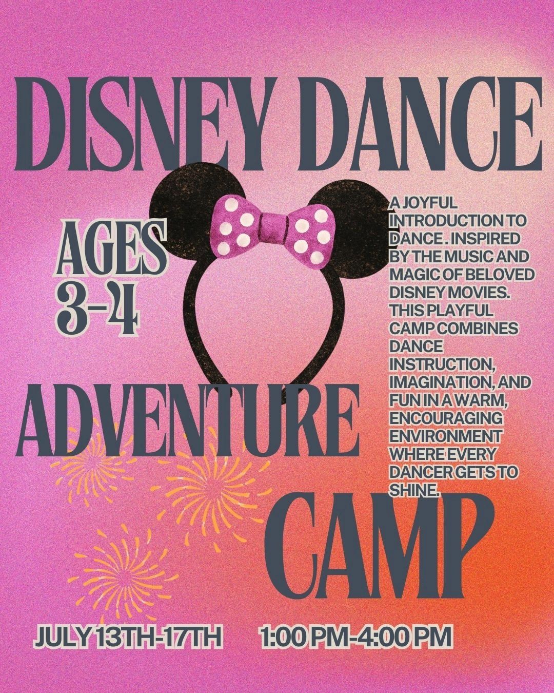 Disney Dance Adventure Camp poster — ages 3 to 4, Disney-music-inspired dance.