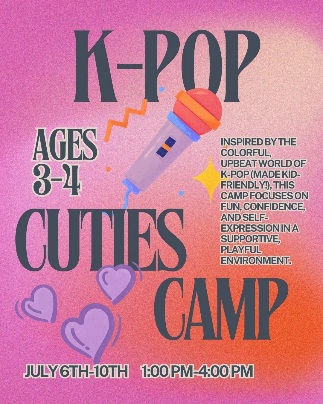 K-Pop Cuties Camp poster — ages 3 to 4 introduction to K-pop dance and play.