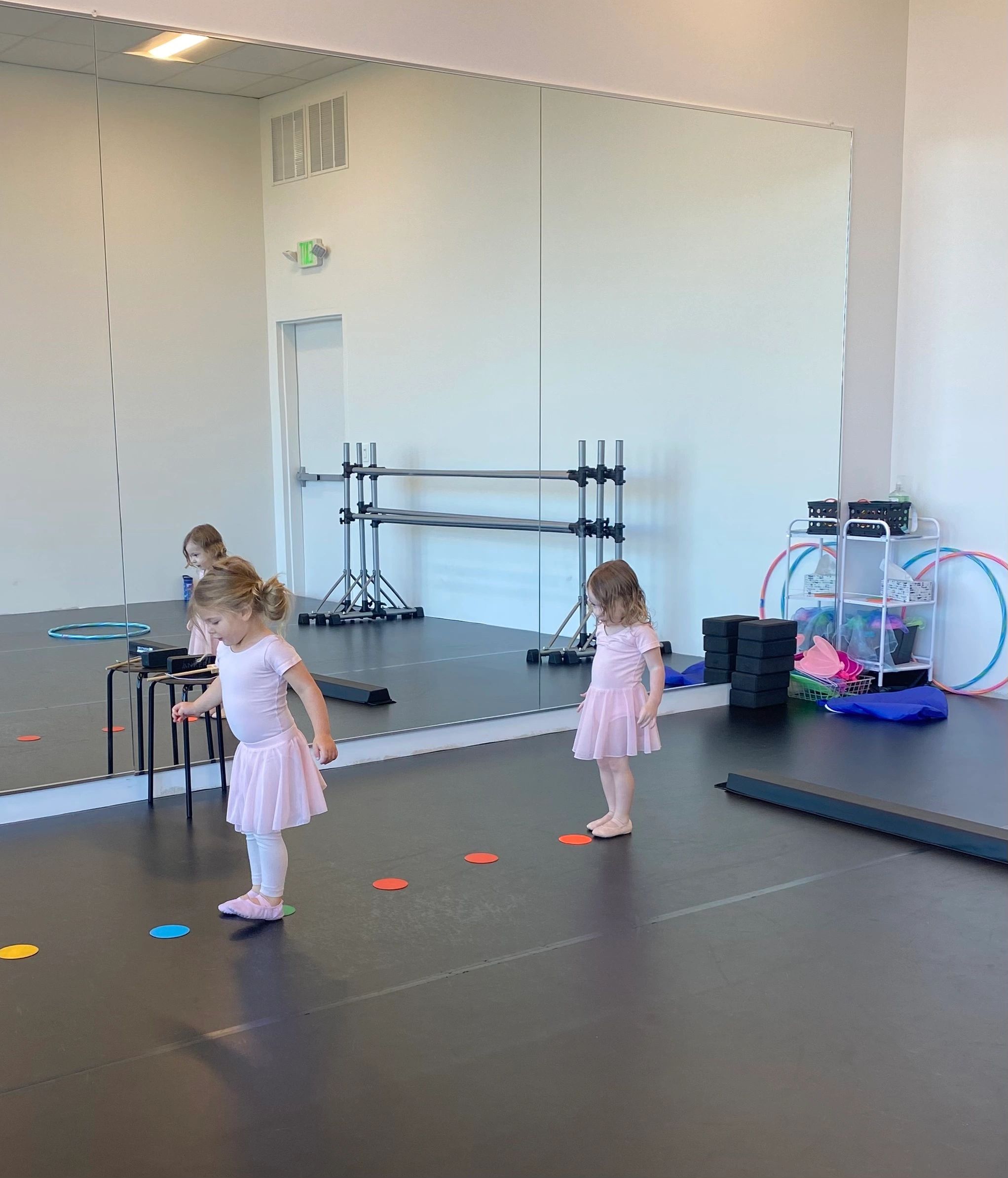 Two- and three-year-old students in pink leotards moving on the studio floor.